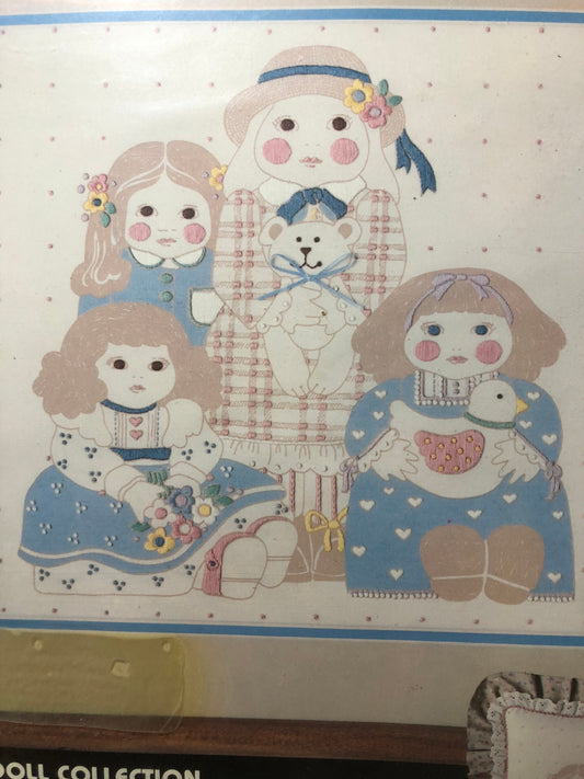 Dimensions, Country Doll Collection, 12 by 12 inch, Design Printed on Cotton Muslin Fabric, Vintage 1985, Crewel Kit*