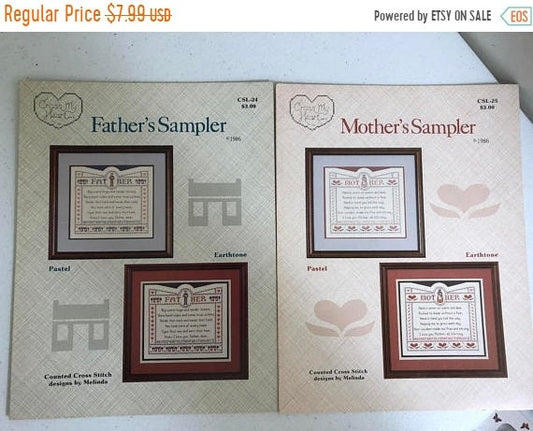 Mother's Sampler, and Father's Sampler Cross My Heart Vintage Set of Two Counted Cross Stitch Design Booklets