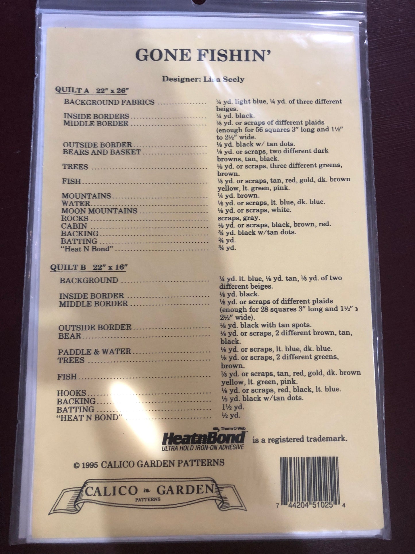 Calico Garden Patterns, Gone Fishin', Wall Hanging, Vintage 1995, Quilt Pattern