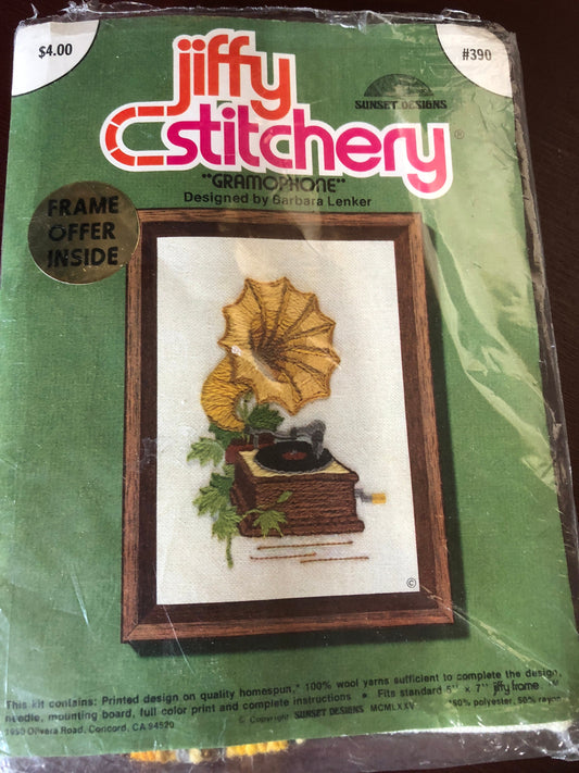 Jiffy Stitchery, Set of 2, Radio and Gramophone, Vintage 1990, Crewel Kits, 5 by 7 inches