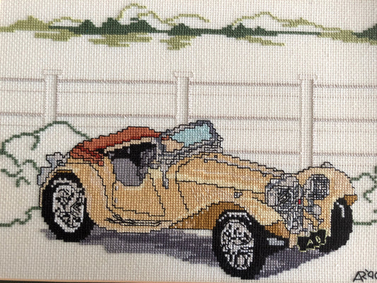 Antique Automobile, Vintage, Completed, Counted, Cross Stitch, Project, 15 by 11.5 inches