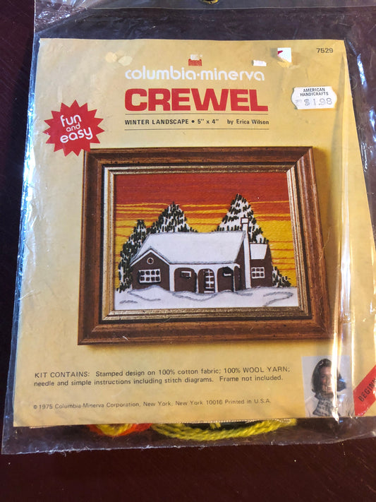 Columbia Minerva, Winter Landscape, Vintage 1975, Crewel Kit, 5 by 4 inches
