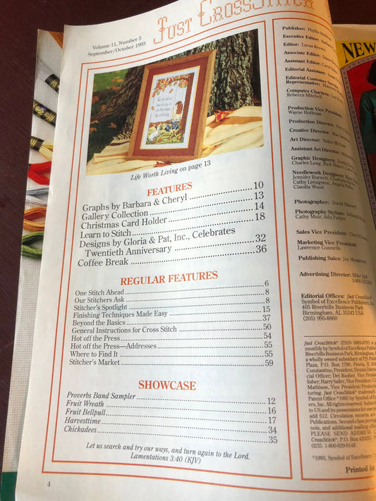 Just Cross Stitch Magazine 1993, October, Featuring Pat Carson