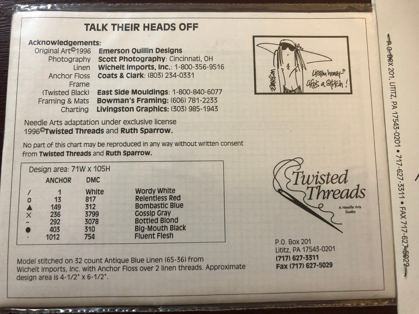 Listen Honey, Life's a Stitch!, Talk Their Heads Off, Twisted Threads, Vintage 1996, Counted, Cross Stitch Pattern
