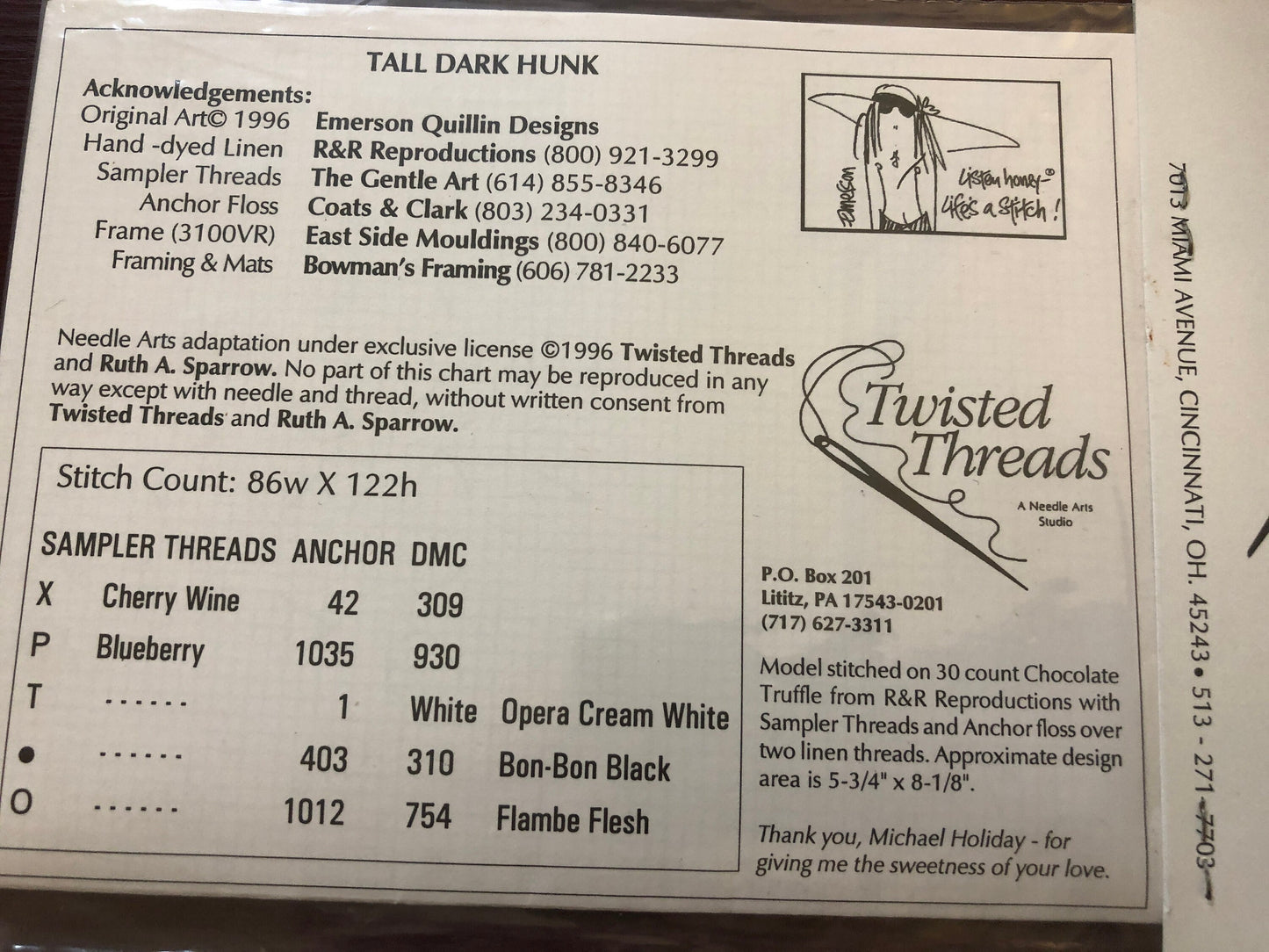 Listen Honey, Life's a Stitch!, Tall Dark Hunk, Twisted Threads, Vintage 1996, Counted, Cross Stitch Pattern