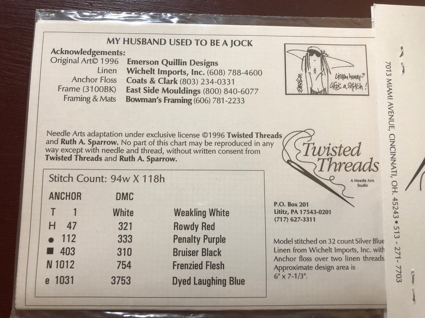 Listen Honey, Life's a Stitch!, My Husband Used To Be A Jock, Twisted Threads, Vintage 1996, Counted, Cross Stitch Pattern
