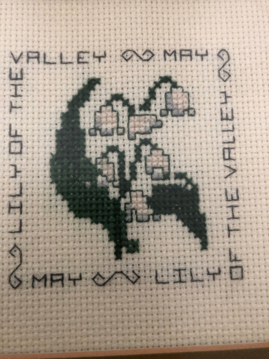 May, Lilly of the Valley, Vintage, Already Finished, Professionally Framed, Counted Cross Stitch Piece 9" x 9", Save the Stitches,