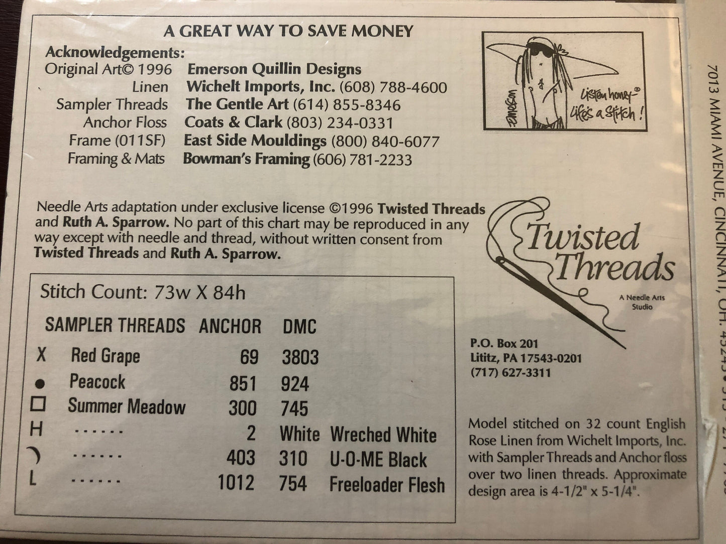 Listen Honey, Life's a Stitch!, A Great Way to Save Money, Twisted Threads, Vintage 1996, Counted, Cross Stitch Pattern