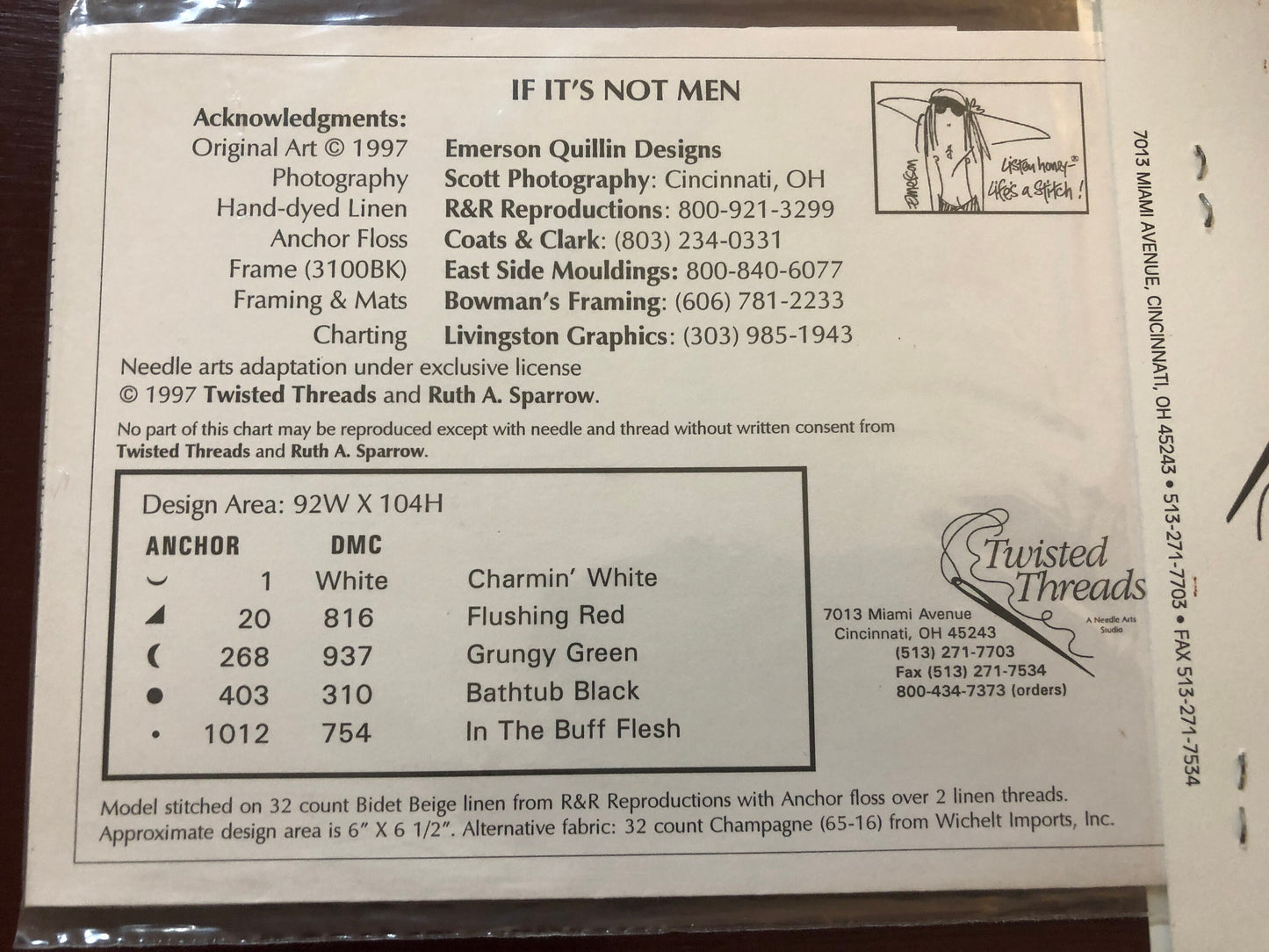 Listen Honey, Life's a Stitch!, If it's Not Men, Twisted Threads, Vintage 1997, Counted, Cross Stitch Pattern