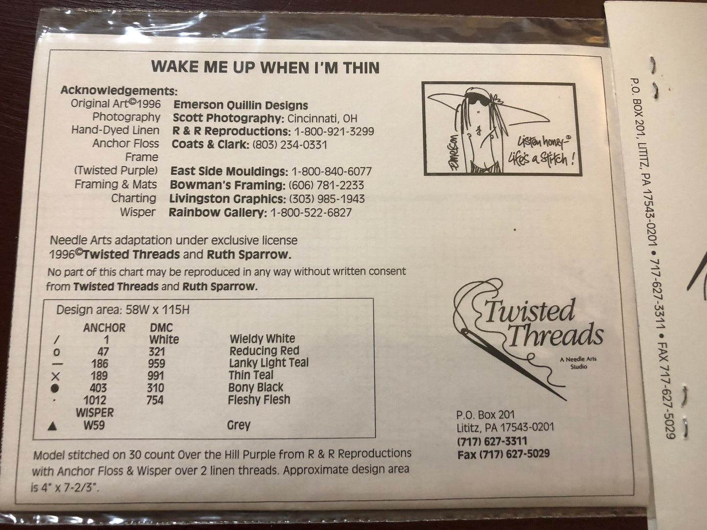 Listen Honey, Life's a Stitch!, Wake Me Up When I'm Thin, Twisted Threads, Vintage 1996, Counted, Cross Stitch Pattern