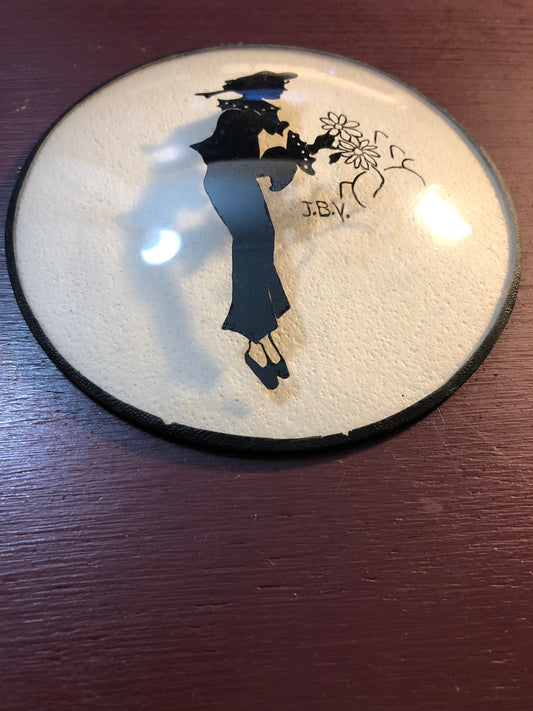 Lady with Flowers, Vintage Collectible, Reverse Painting