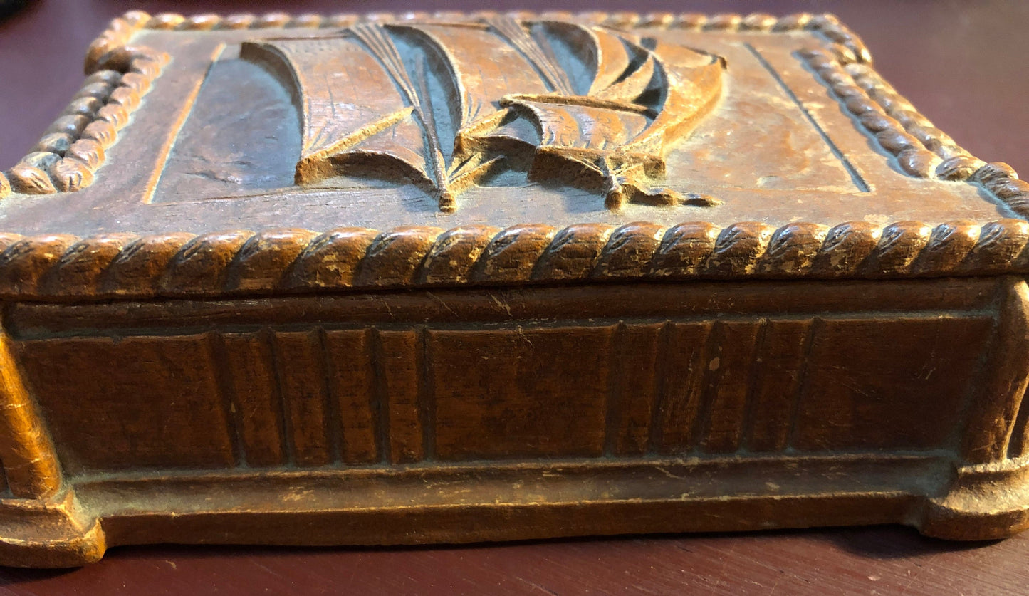 Syroco Wood, Nautical Motif, Vintage Collectible, Cigarette Box, Made in Syracuse, New York, Rare, 6 by 4 inches