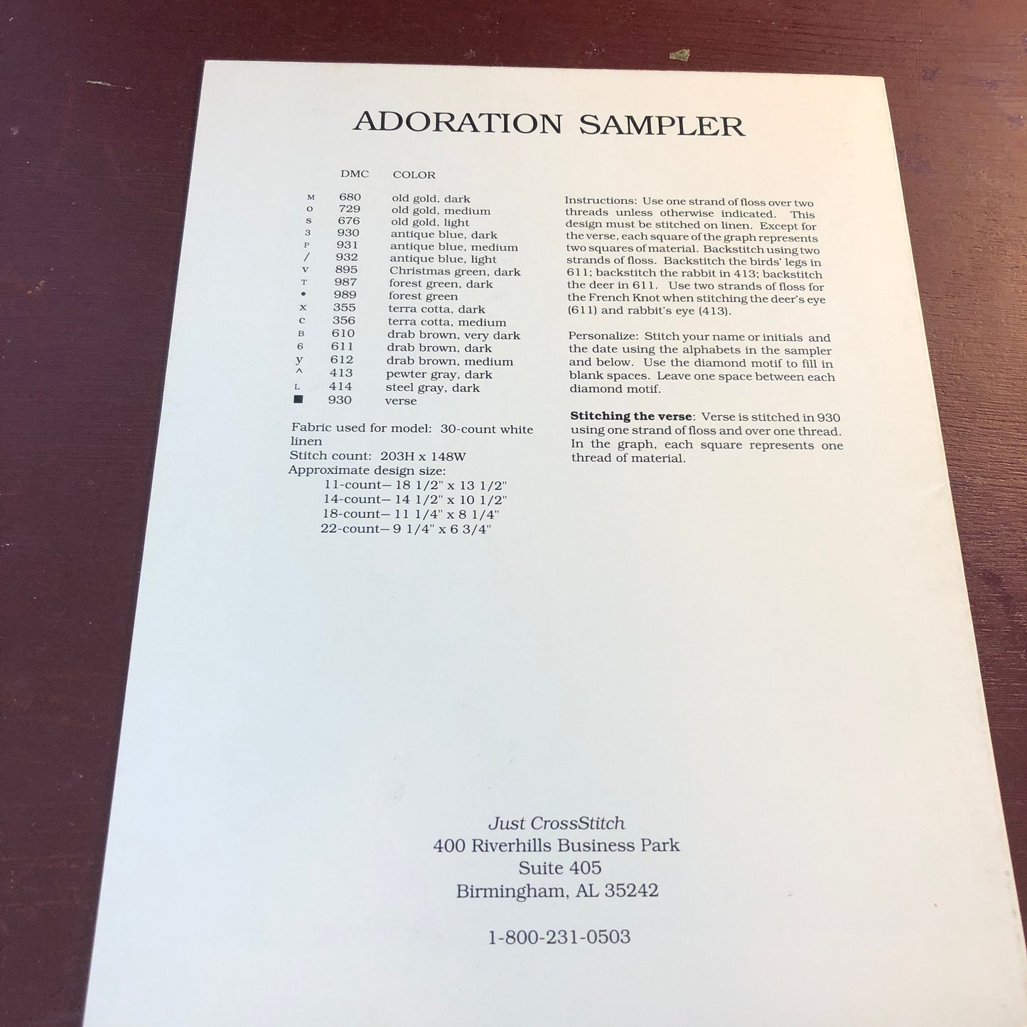 Just Cross Stitch, Adoration Sampler, Vintage 1988, Cross Stitch Chart