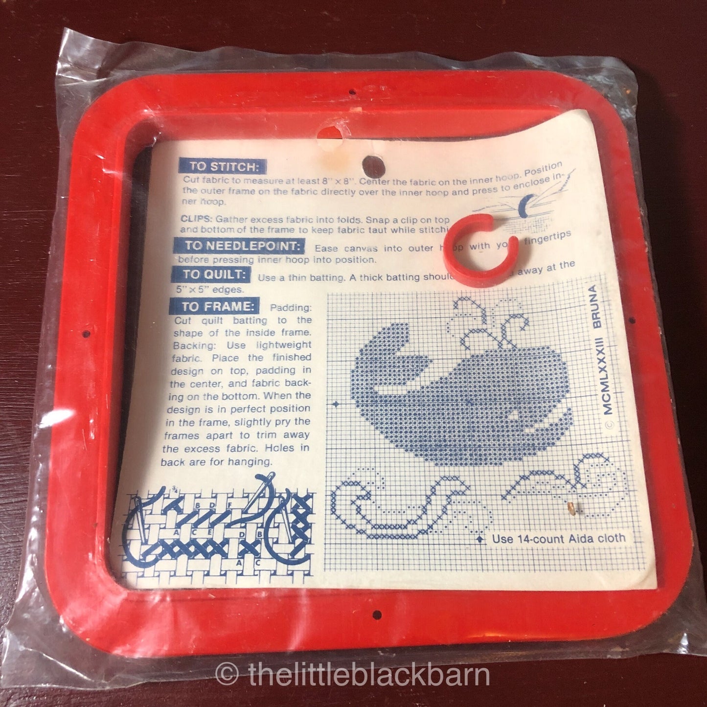 Red 5 by 5, hoop frame with Whale pattern included, Vintage 1983, Bruna, Paragon Needleworks