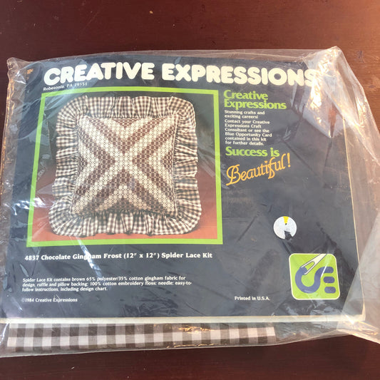Chocolate Gingham Frost Spider Lace Kit, Creative Expressions, Vintage 1984, Stitchery Pillow Kit, You just supply the pillow ,12 by 12 Inch