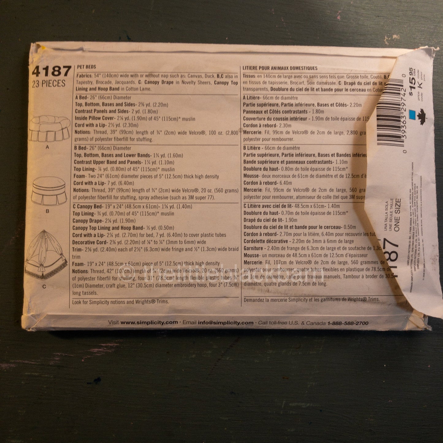 Simplicity Pattern 4187 Pet Beds OOP Sewing Pattern