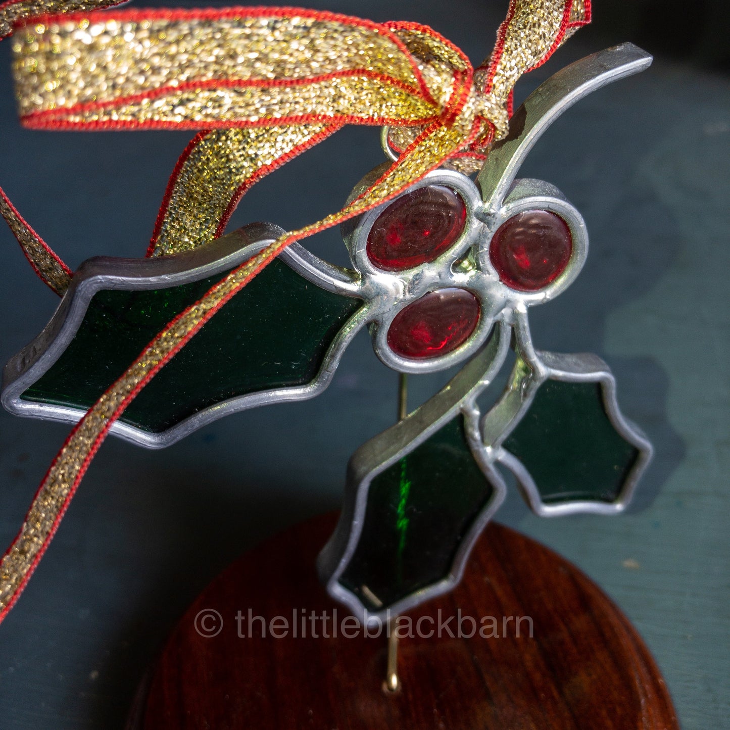 Stained Glass Holly and Berries, Vintage Leaded Ornament