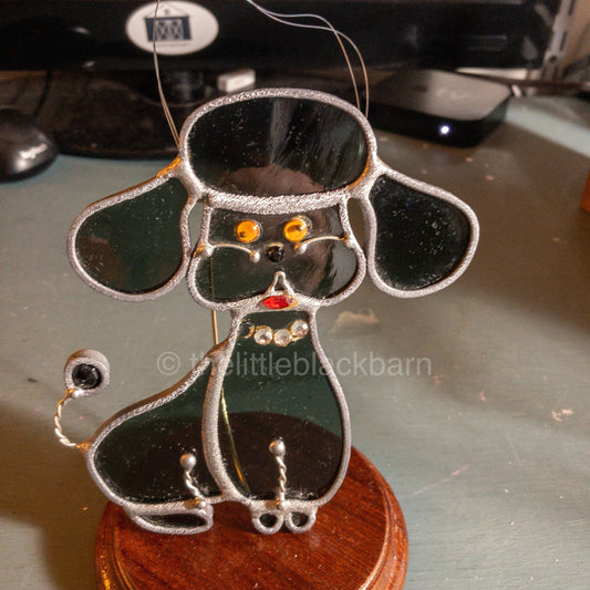 Stained Glass Puppy, Vintage Blue Glass With Red Lips and Yellow Eyes Ornament*