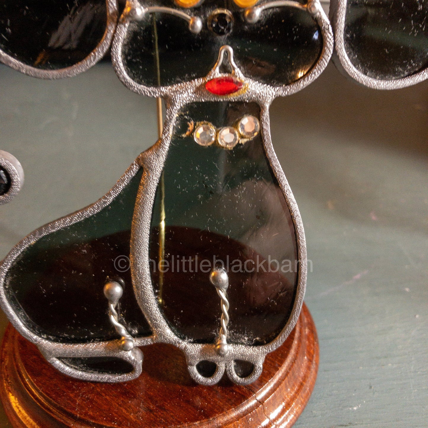 Stained Glass Puppy, Vintage Blue Glass With Red Lips and Yellow Eyes Ornament*