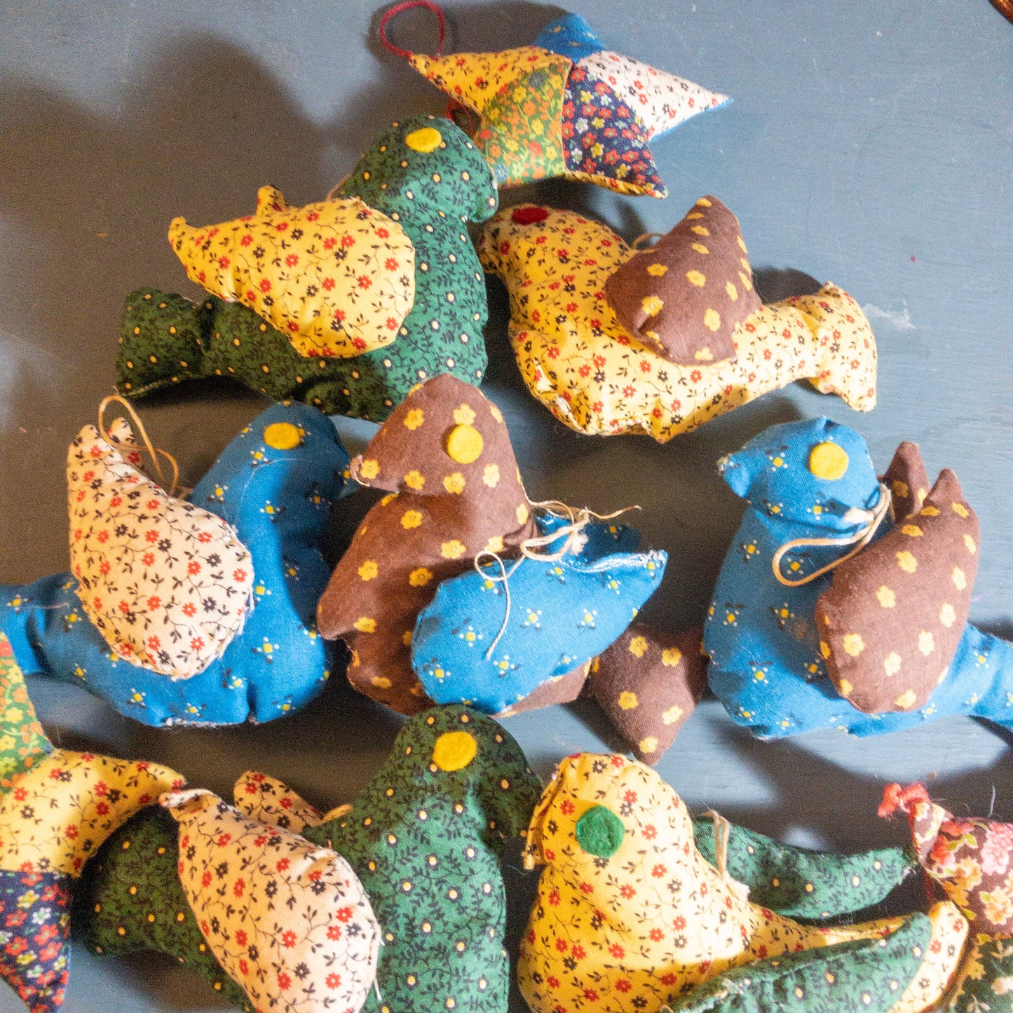 Calico Birds (7) Stars (3), Set Of 10, Vintage Ornaments