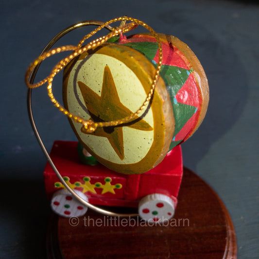 Choo-Choo Train Engine and Snare Drum, Pair of Vintage Wooden Ornaments