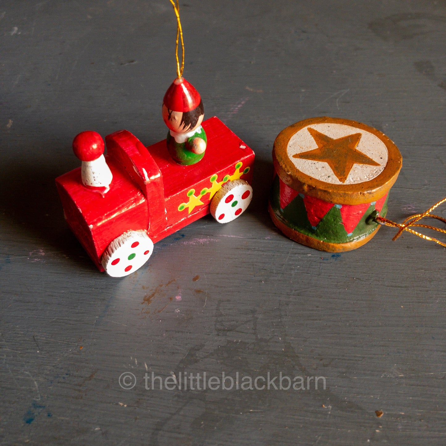 Choo-Choo Train Engine and Snare Drum, Pair of Vintage Wooden Ornaments