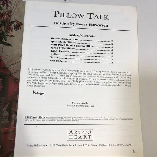 Art To Heart, Pillow Talk, Nancy Halvorsen, Vintage 1998, Applique/Quilting Design Booklet