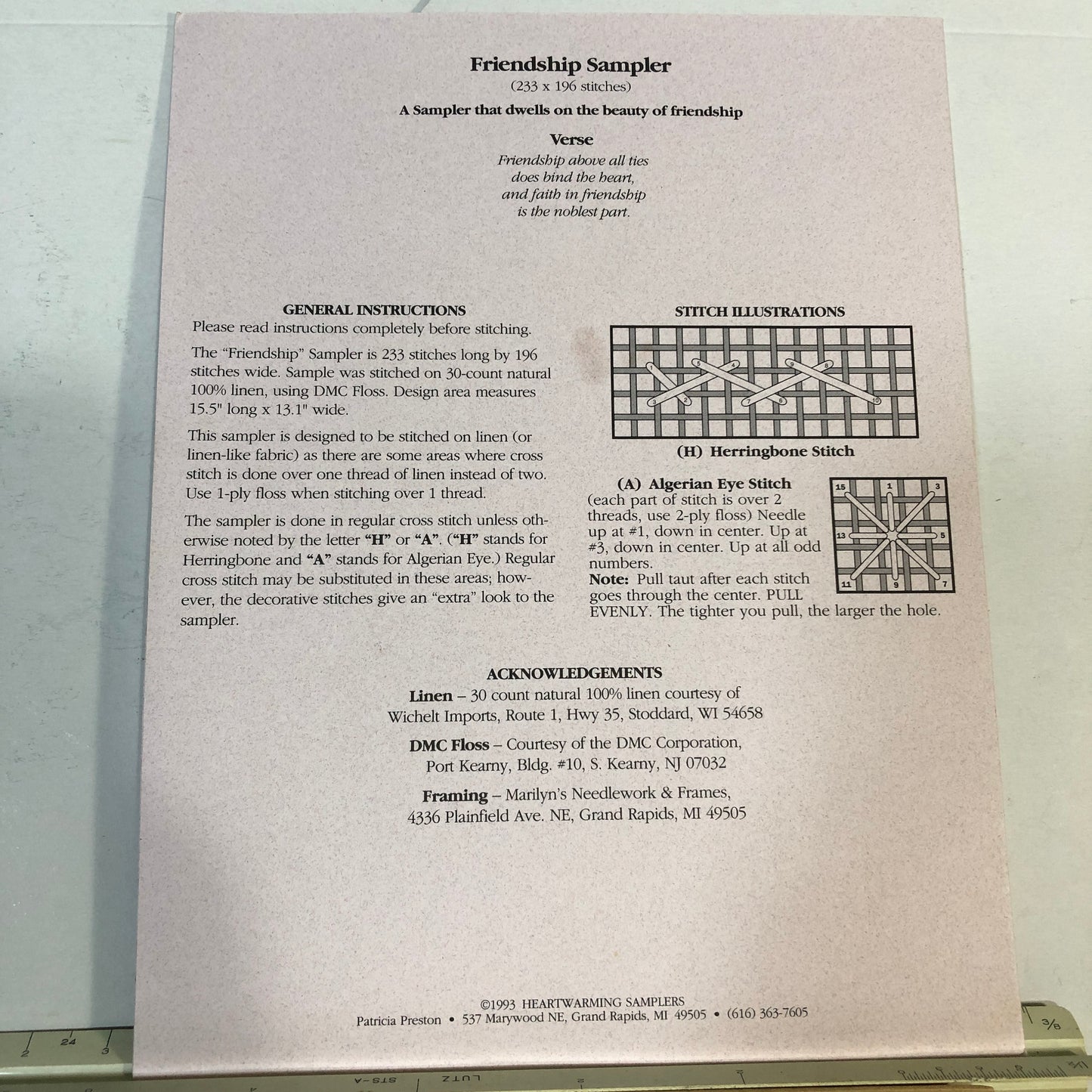 Heartwarming Samplers, Friendship Sampler, Patricia Preston, Item 14, Vintage 1993, Counted Cross Stitch Chart