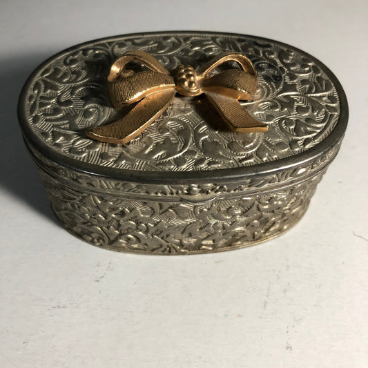 Pretty Ornate Silvertone with Gold Tone Ribbon On Lid Metal Ring/Jewelry Box with Lining