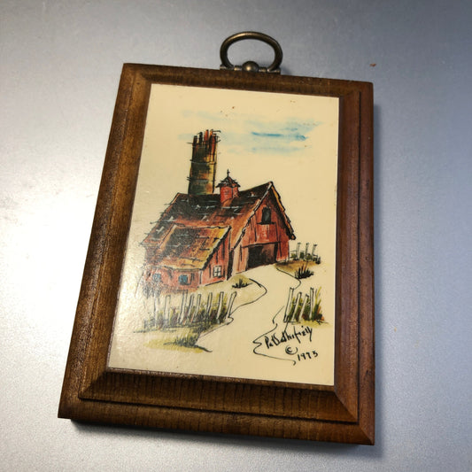 Red Barn, Wooden Plaque, Vintage 1973, Collectible Wallhanging, 2 by 3 Inches