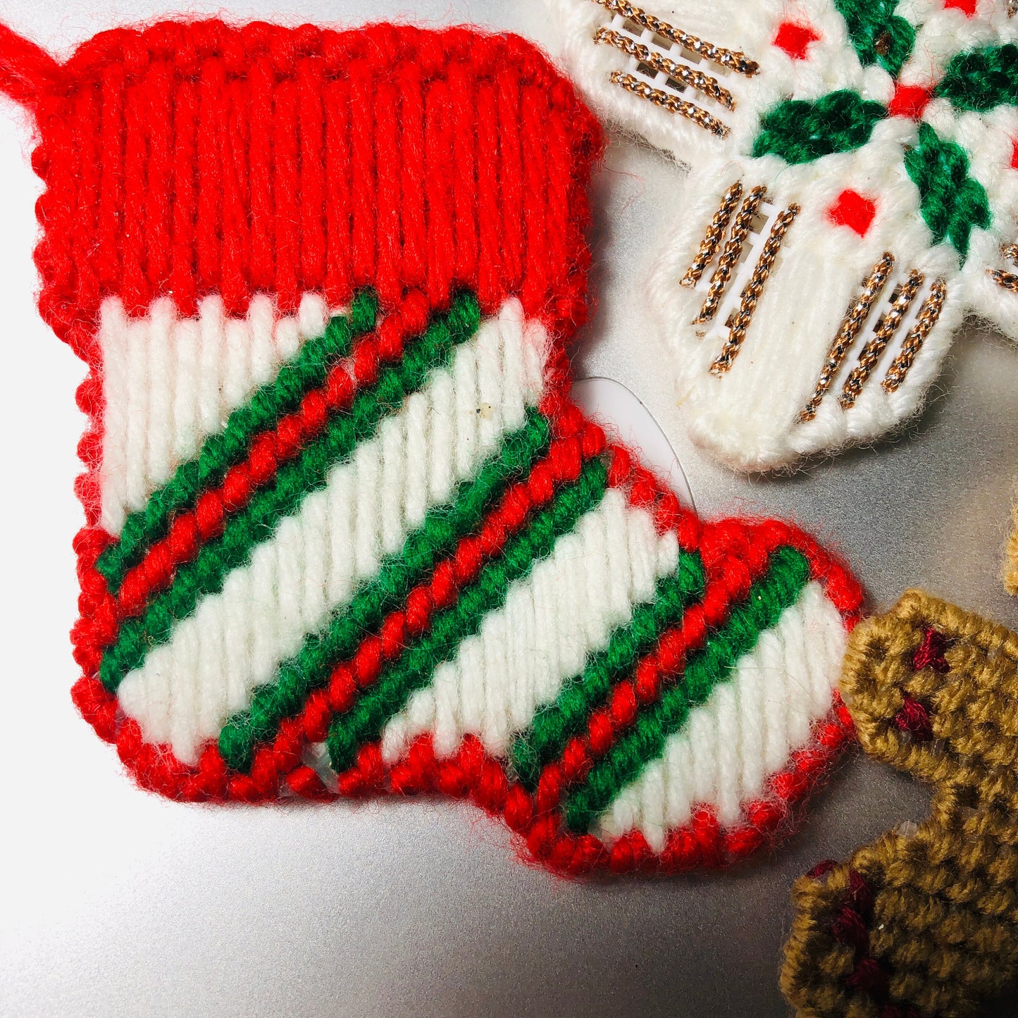 Stocking, Snowflake, and Gingerbread Man, Set of 3, Vintage, Plastic Canvas ,Ornaments