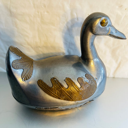 Duck Trinket Dish, Silver Tone with Gold Tone Accents, Vintage Collectible