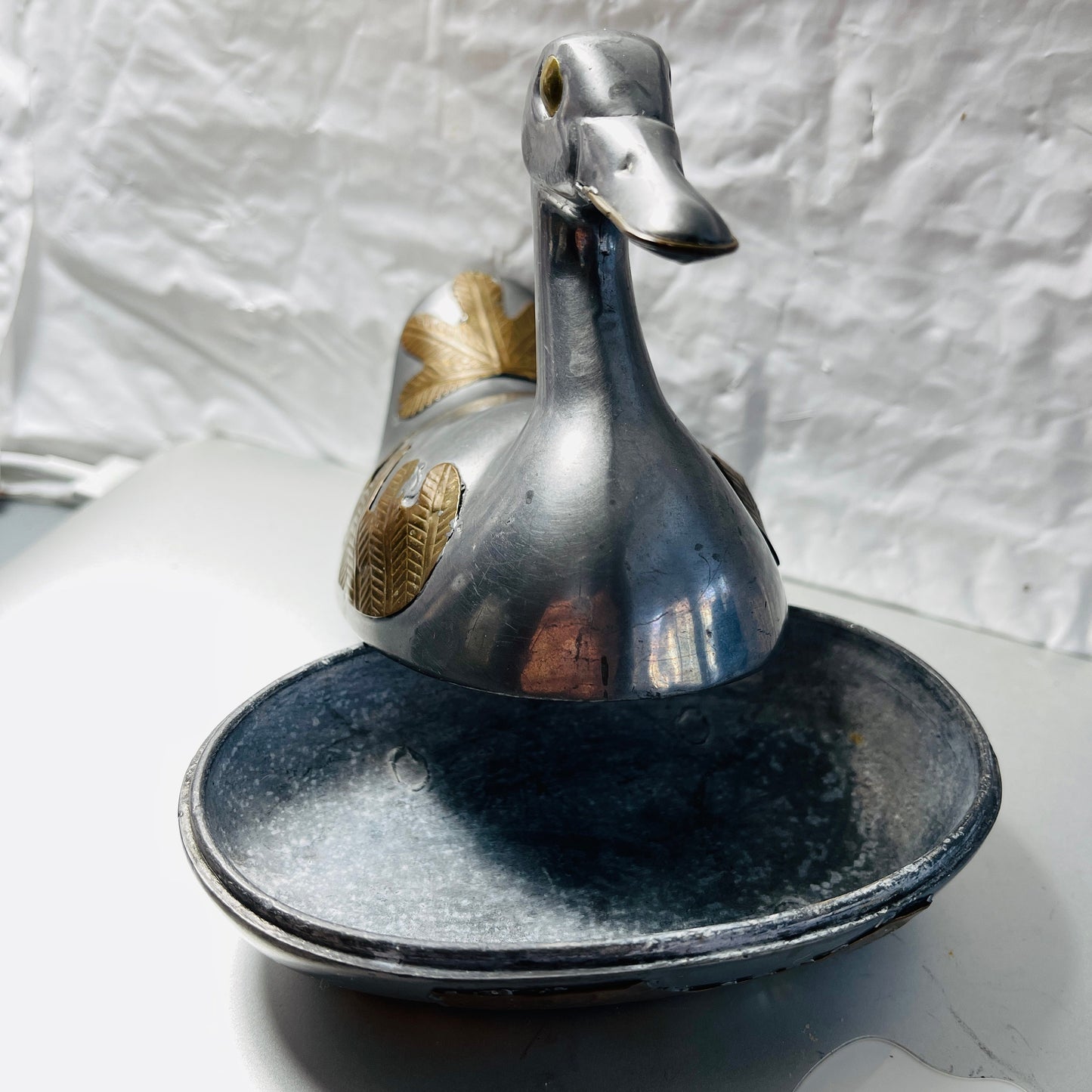 Duck Trinket Dish, Silver Tone with Gold Tone Accents, Vintage Collectible