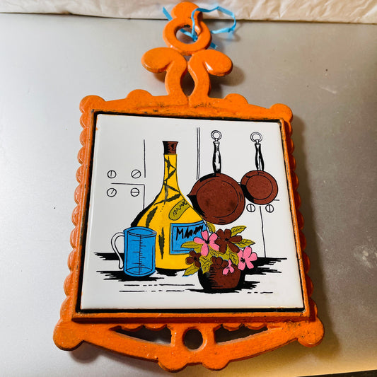 Orange Iron & Tile Trivet, Vintage Collectible