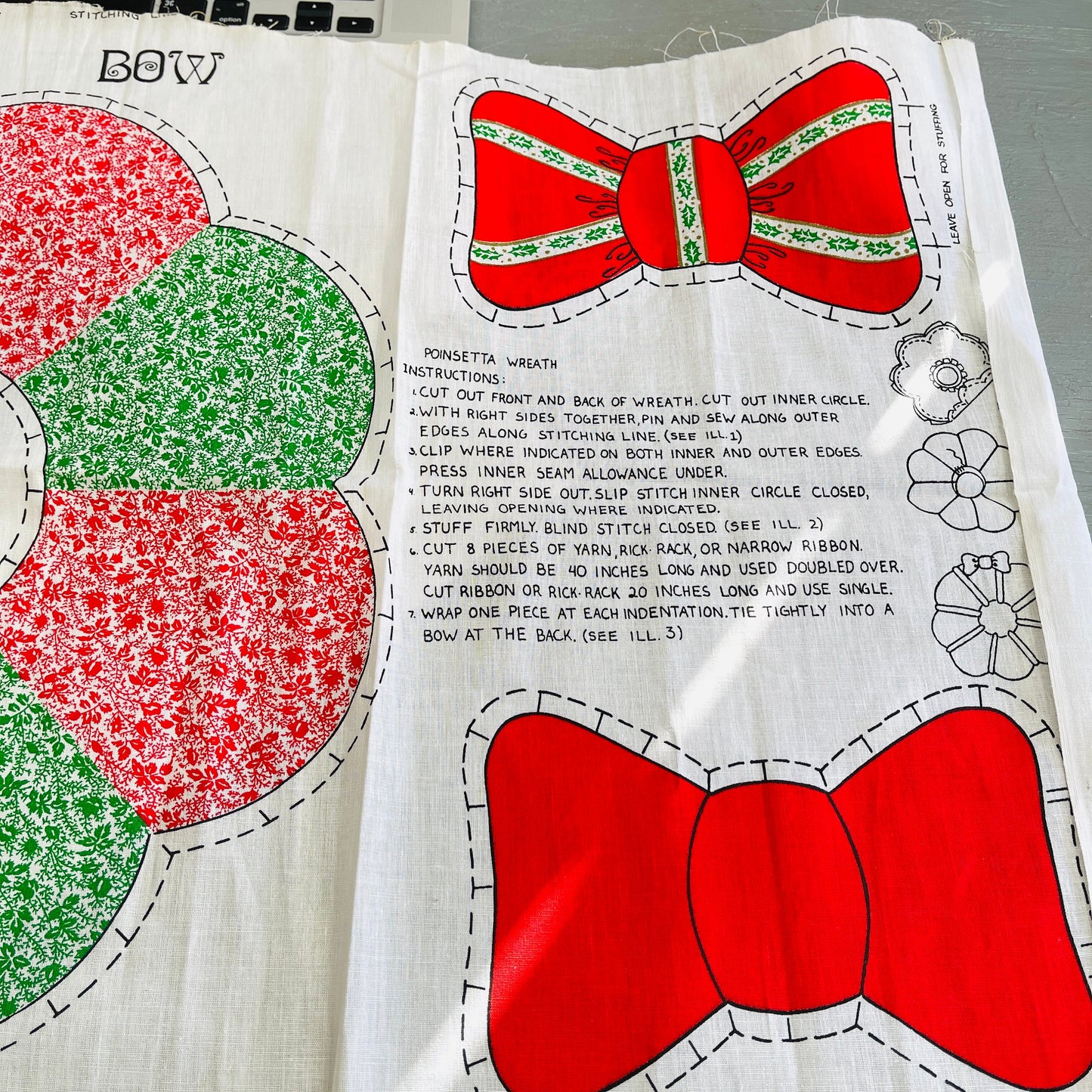 Poinsettia Wreath Vintage Fabric Panel