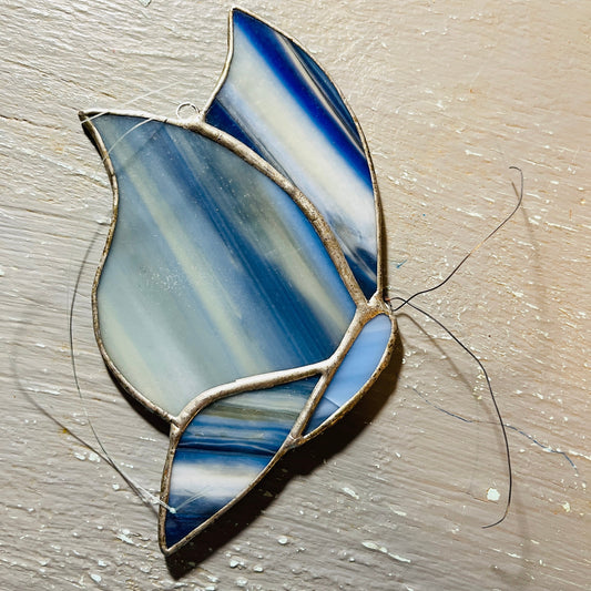 Stained Glass, Variegated Blue Butterfly, Vintage Collectible Suncatcher Ornament