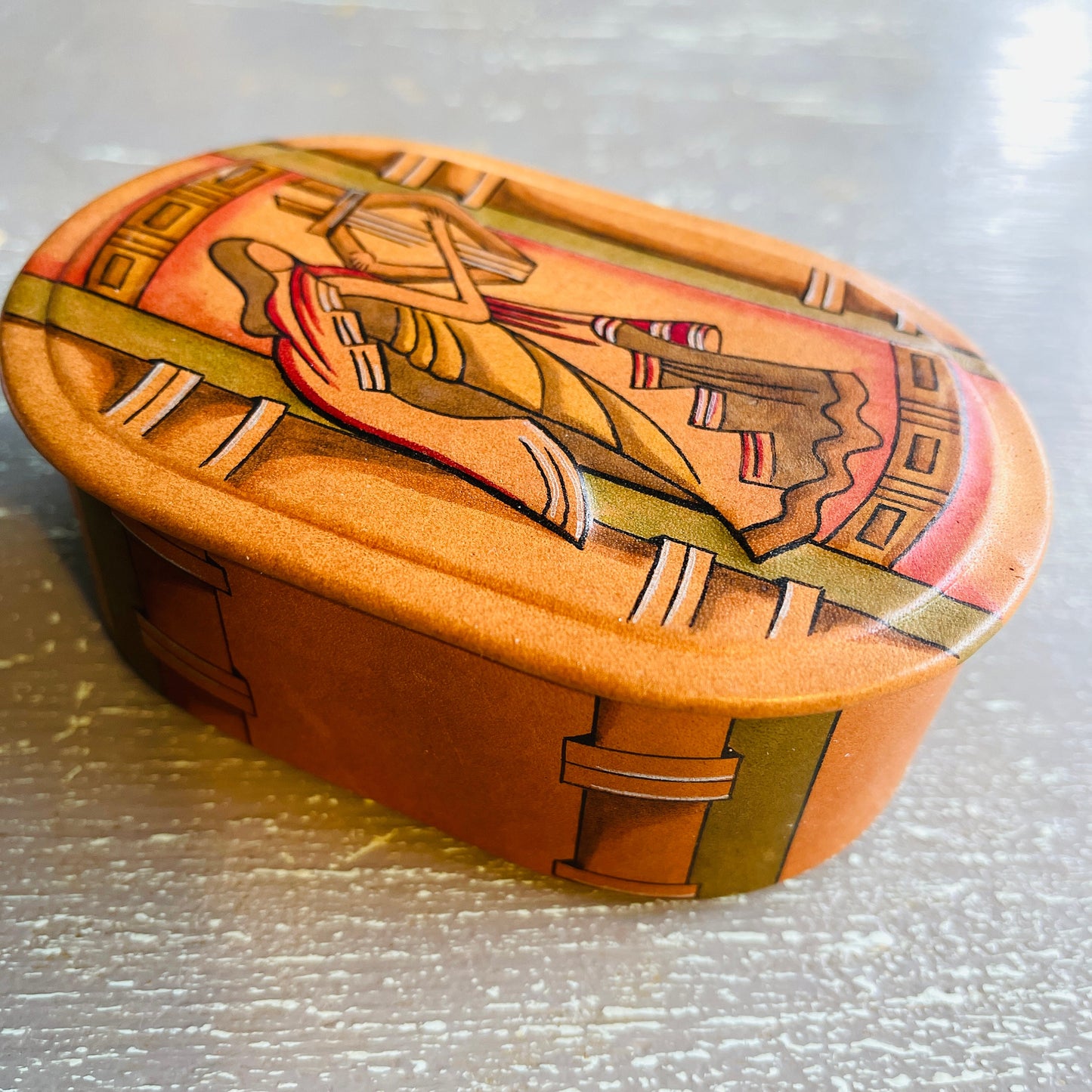 Lady Playing Harp, Beautiful Romanesque Trinket Box, Vintage Collectible