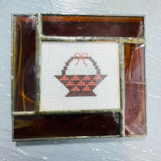 Wicker Basket, Cross Stitch Picture, Set In Stained Glass, Vintage Collectible Ornament/Suncatcher
