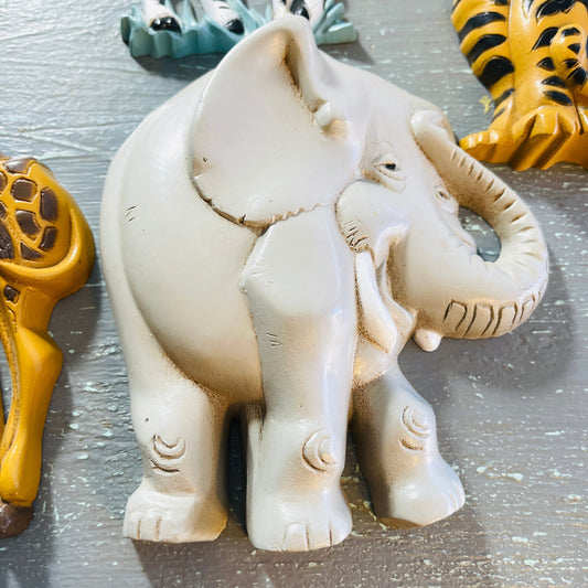 Burwood, Zoo Animal Set of 4, Giraffe, Elephant, Tiger & Zebra, Vintage Plastic Molded, Wall Hangings