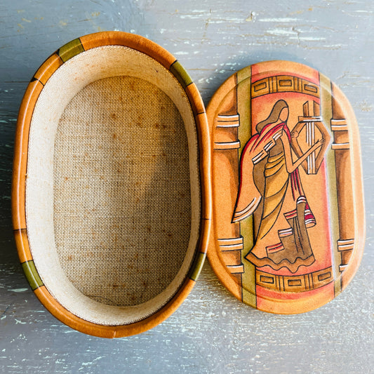 Lady Playing Harp, Beautiful Romanesque Trinket Box, Vintage Collectible