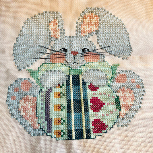 Cute Blue Bunny, On an Pink Canvas, Completed, Cross Stitch Picture, Finished Project