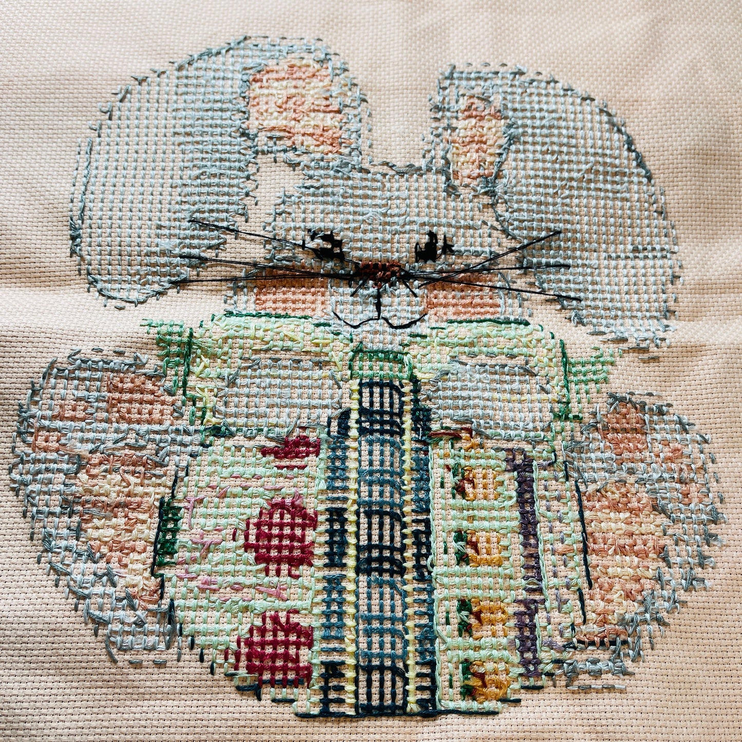 Cute Blue Bunny, On an Pink Canvas, Completed, Cross Stitch Picture, Finished Project