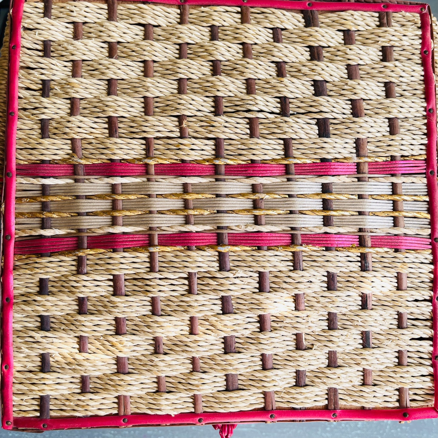 Pretty woven red, white, brown, and natural rattan, vintage sewing basket*
