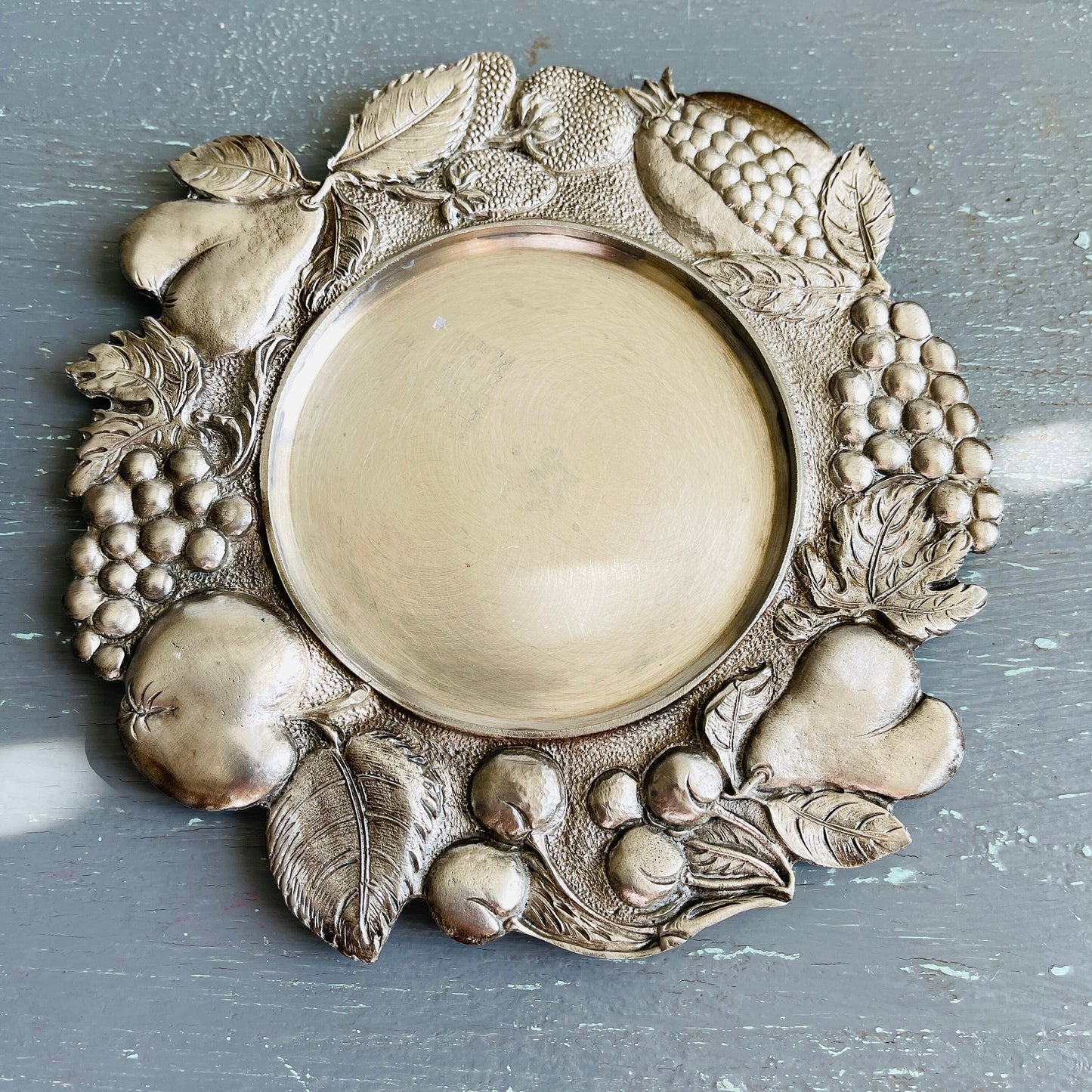 Pewter, fruit motif, 6 inch round trinket dish/candle holder, made in Italy, vintage collectible