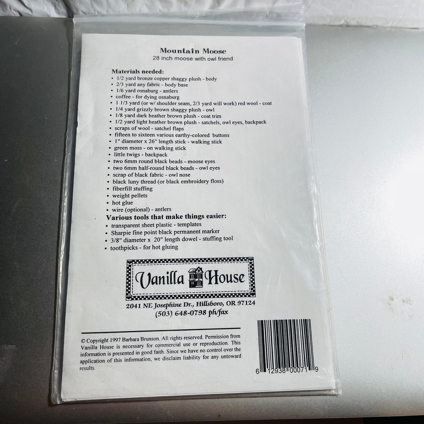 Vanilla House, Mountain Moose, 28 Inches with Owl friend, Vintage 1997, Sewing Design Pattern