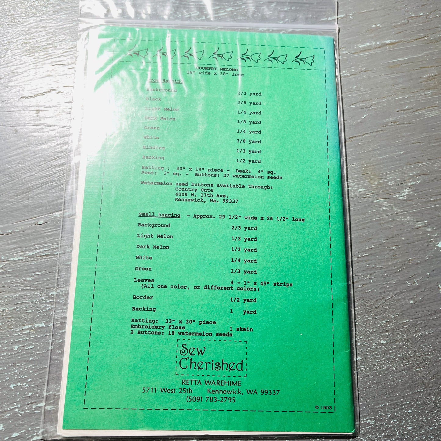 Sew Cherished, Country Melon, Vintage 1993, Quilt Pattern