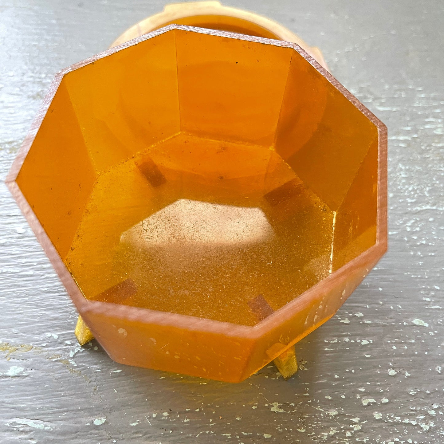 Floral Shield Embossed, Golden Amber Colored, Octagon Shaped, Vintage, Decorative Trinket/Jewelry Box