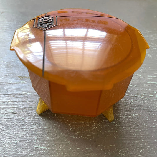 Floral Shield Embossed, Golden Amber Colored, Octagon Shaped, Vintage, Decorative Trinket/Jewelry Box