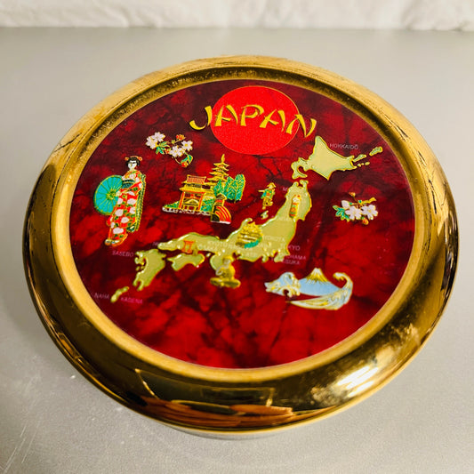 Chokin Art, 24 KT Gold Trimmed, Japan Souvenir Map and Highlight Lid Vintage Round Porcelain Keepsake Box