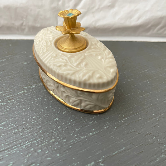 March Birthstone, Handcrafted In Thailand, Ring/Trinket Box, Gold Trimmed, Vintage Collectible